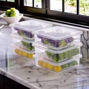 Fridge Storage Boxes Fridge Organizer with Removable Drain Plate and Lid Stackable Fridge Storage Freezer Storage Containers for Fish, Meat, Vegetables, Fruits (2500ML, Pack of 4)