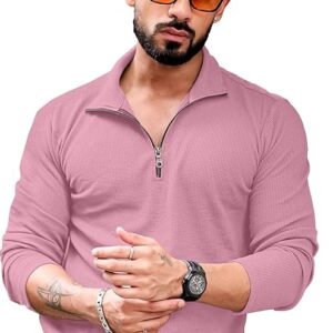 kajaru men's polyester blend t shirt with spread collar neck line zipper closure full sleeves solid pattern regular fit and standard length